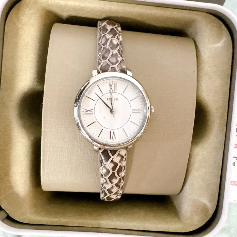 Fossil ES4635 Jacqueline Mini Women Quartz Watch, Silver & Grey Snake Leather